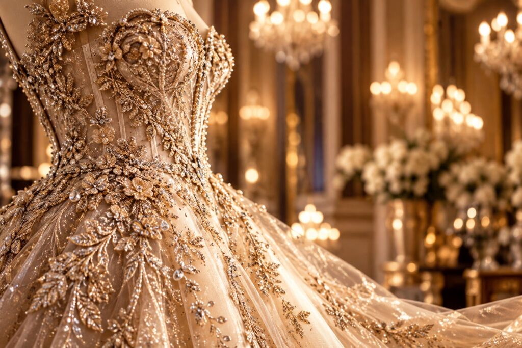 シャンデリアが輝く上品なドレスショップで、繊細なビジュー刺繍が施されたシャンパンゴールドのロングドレス