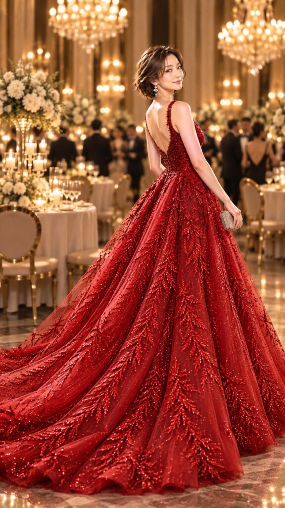 シャンデリアと白い花で飾られた華やかなパーティー会場で、深紅のロングドレスをまとい、振り向く女性