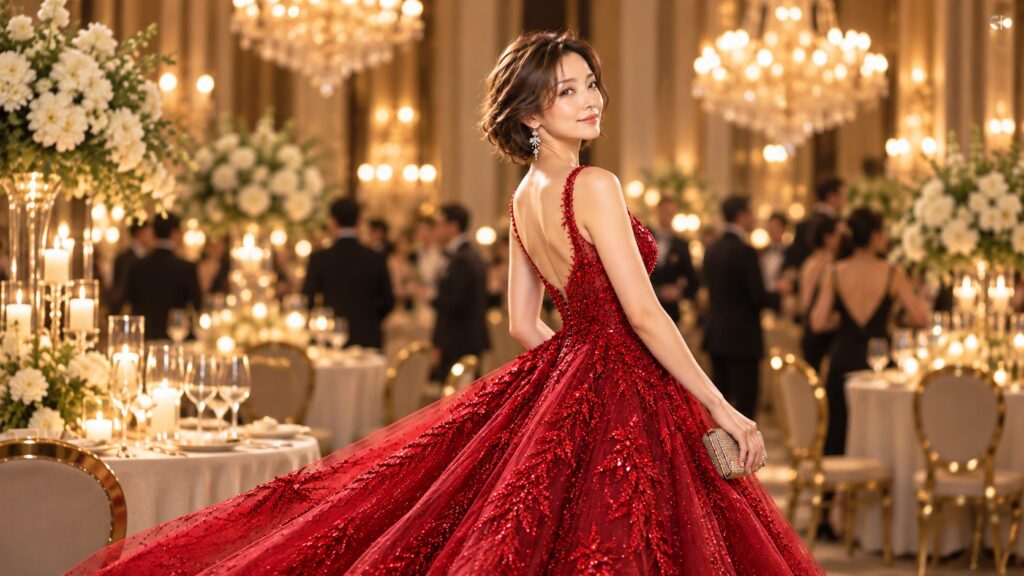 シャンデリアと白い花で飾られた華やかなパーティー会場で、深紅のロングドレスをまとい、振り向く女性