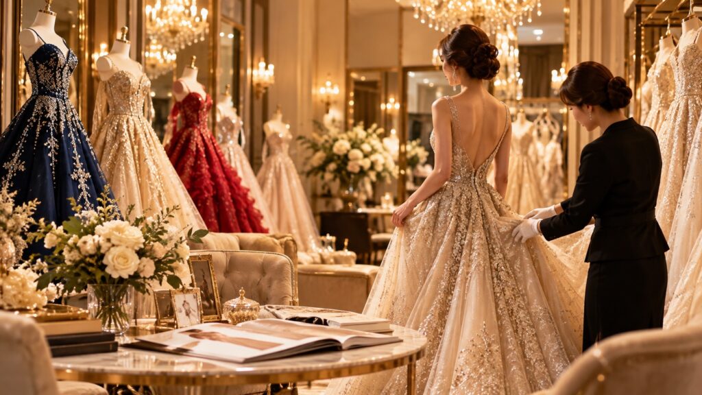 シャンデリアと高級感のあるドレスショップの店内に、スタッフが後ろ向きの女性のベージュドレスの試着を手伝う様子。
