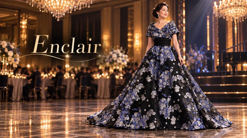 黒地にブルーと白の花柄をあしらったロングドレスを着て、華やかな会場に立つ女性。折り返しのあるVネックと半袖、幅広の黒いウエスト切り替えが特徴で、ボリュームのあるスカートが裾へ大きく広がる。