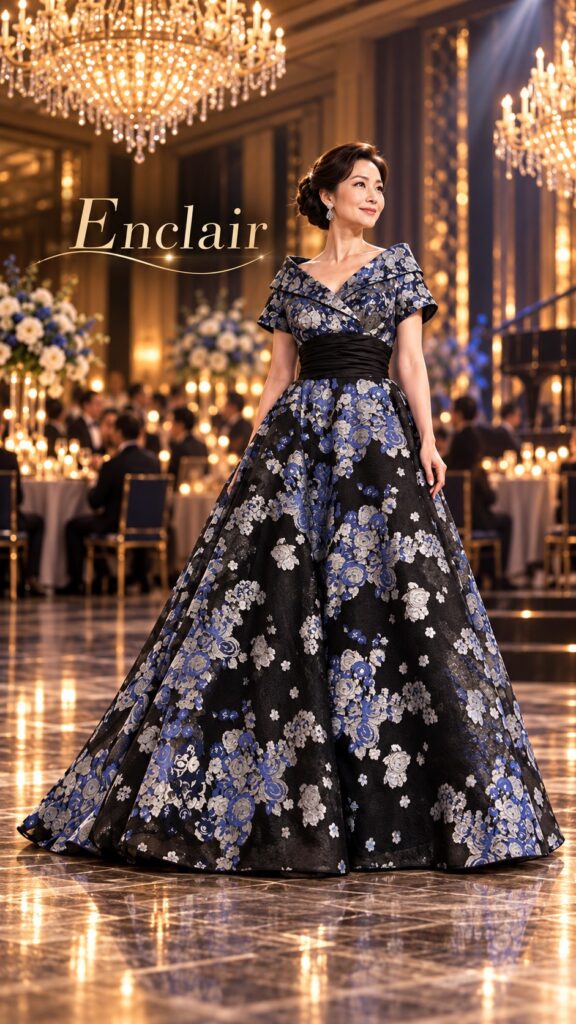 黒地にブルーと白の花柄をあしらったロングドレスを着て、華やかな会場に立つ女性。折り返しのあるVネックと半袖、幅広の黒いウエスト切り替えが特徴で、ボリュームのあるスカートが裾へ大きく広がる。